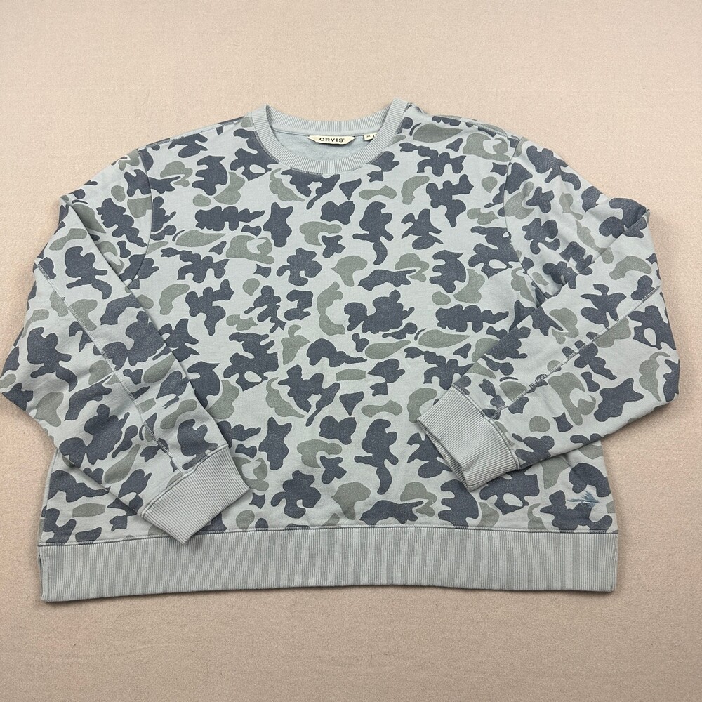 Orvis Sweatshirt Women XL Blue Camo Outdoor Crewneck Fly Fishing Logo Cotton